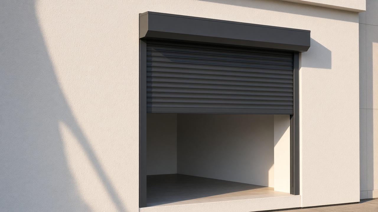 A dark grey roller shutter only a quarter down, with the box and side guides showing on a white rendered new-build, late afternoon light and long shadows. Framed on one opening.