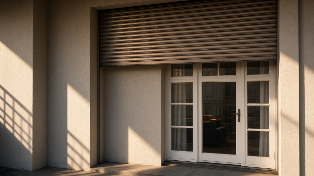 A bronze roller shutter nearly closed on a flat with a glazed balcony door, late afternoon light and long shadows. Framed on one opening.