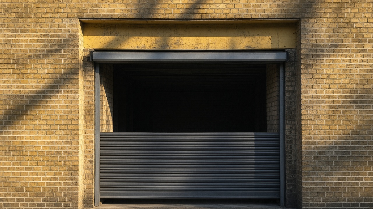 A dark grey roller shutter only a quarter down, with the box and side guides showing on a yellow London stock brick terrace, late afternoon light and long shadows. Framed on one opening.