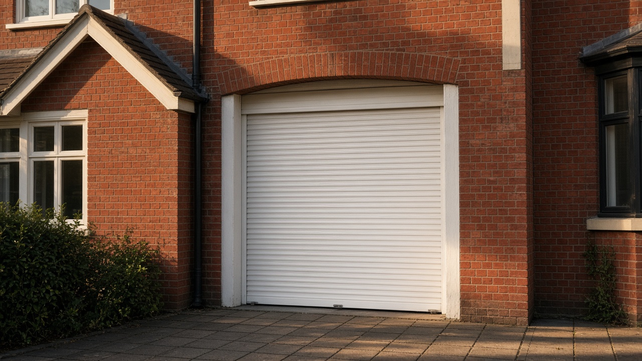 A white roller shutter fully lowered on a 1930s red-brick semi, late afternoon light and long shadows. Framed on one opening.