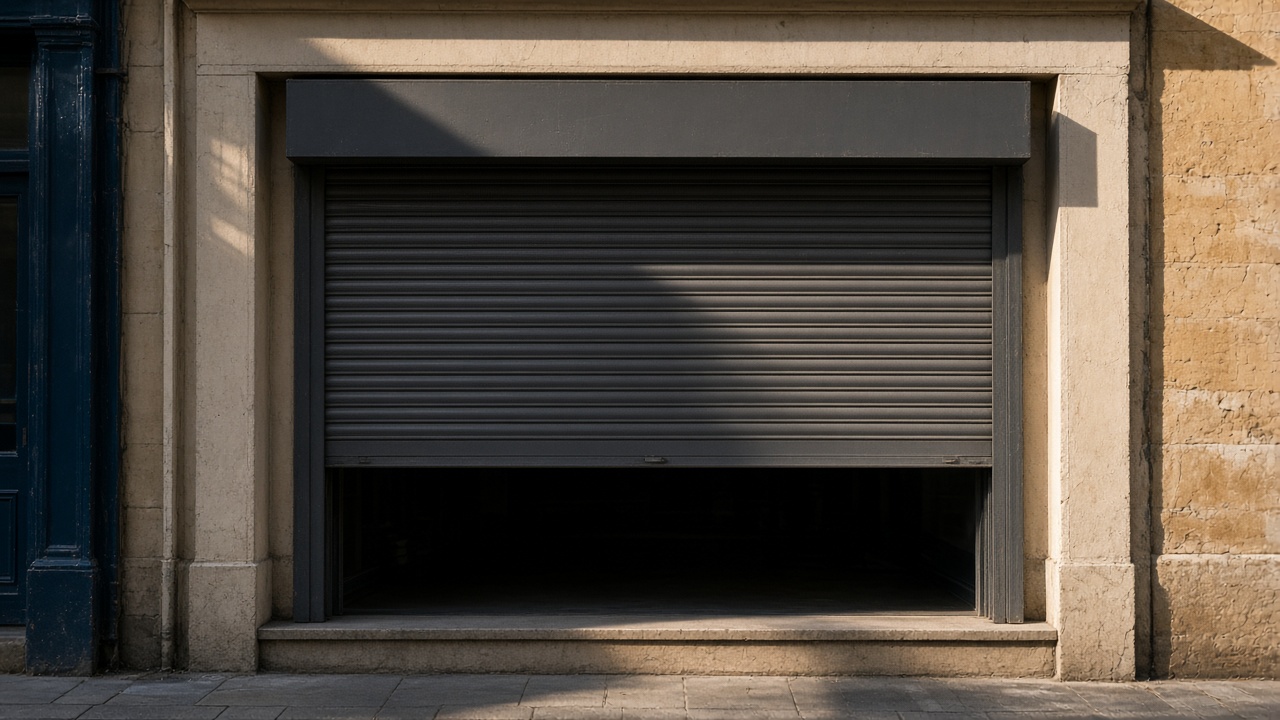 A dark grey roller shutter only a quarter down, with the box and side guides showing on a small high-street shopfront, late afternoon light and long shadows. Framed on one opening.