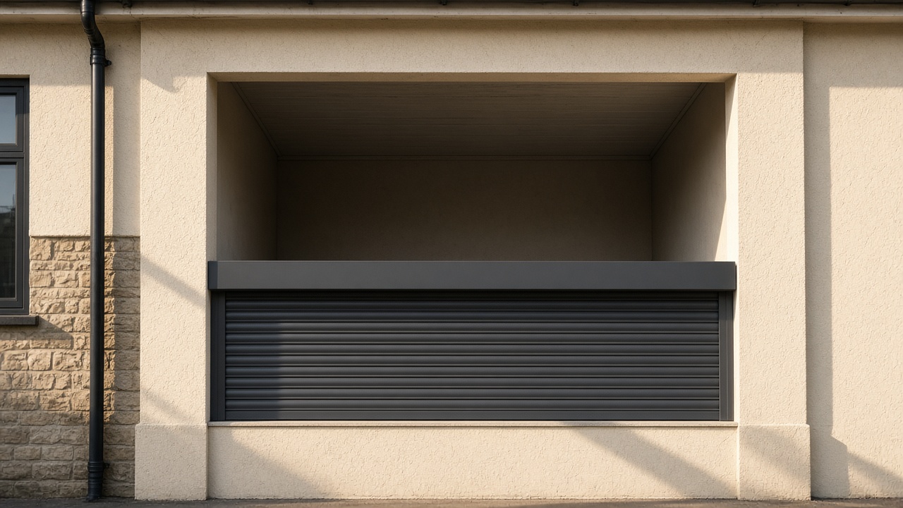 A dark grey roller shutter only a quarter down, with the box and side guides showing on a cream bungalow, late afternoon light and long shadows. Framed on one opening.