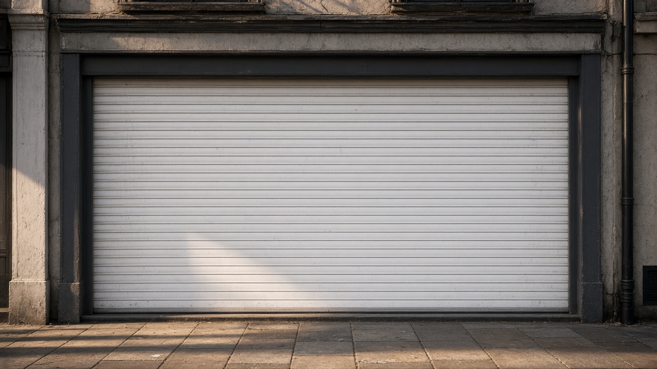 A white roller shutter fully lowered on a small high-street shopfront, late afternoon light and long shadows. Framed on one opening.