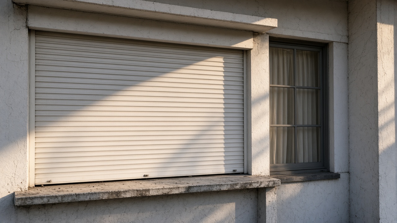 A white roller shutter fully lowered on a flat with a glazed balcony door, late afternoon light and long shadows. Framed on one opening.