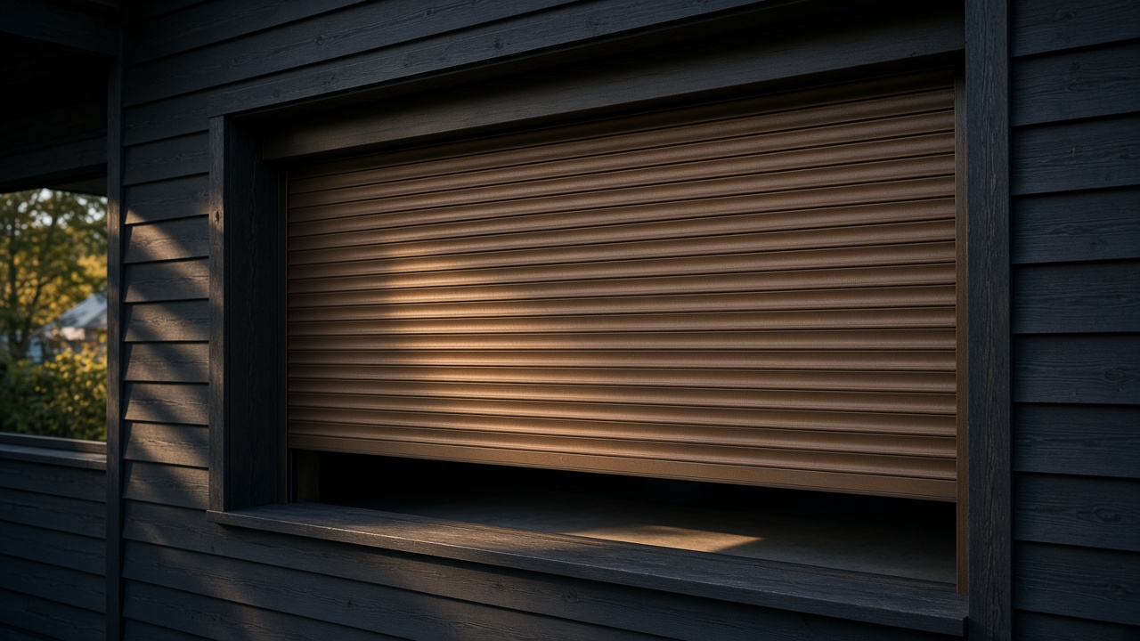 A bronze roller shutter nearly closed on a dark timber-clad house, late afternoon light and long shadows. Framed on one opening.