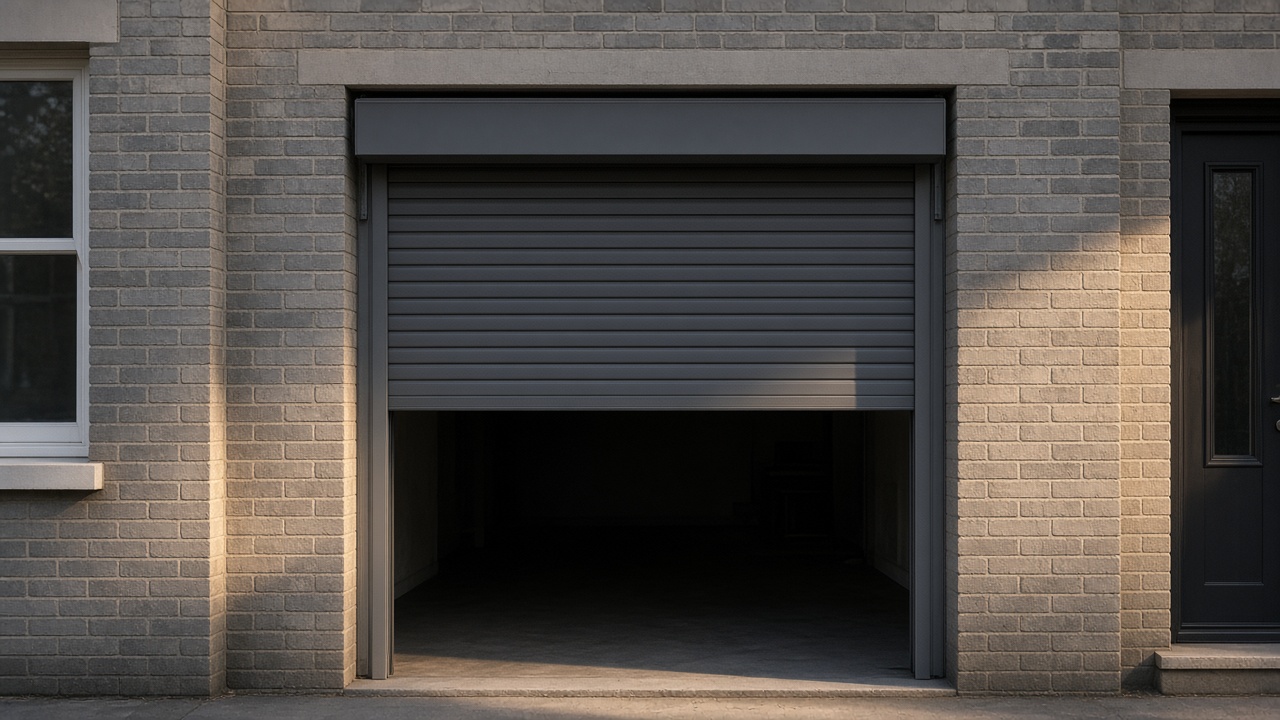 A dark grey roller shutter only a quarter down, with the box and side guides showing on a grey-brick semi, late afternoon light and long shadows. Framed on one opening.