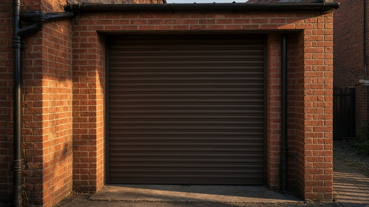 A bronze roller shutter nearly closed on a red-brick rear extension, late afternoon light and long shadows. Framed on one opening.