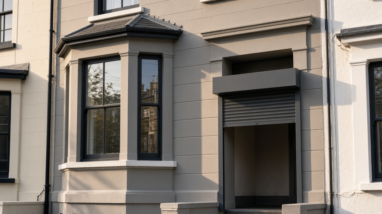 A dark grey roller shutter only a quarter down, with the box and side guides showing on a painted townhouse with a bay, late afternoon light and long shadows. Framed on one opening.