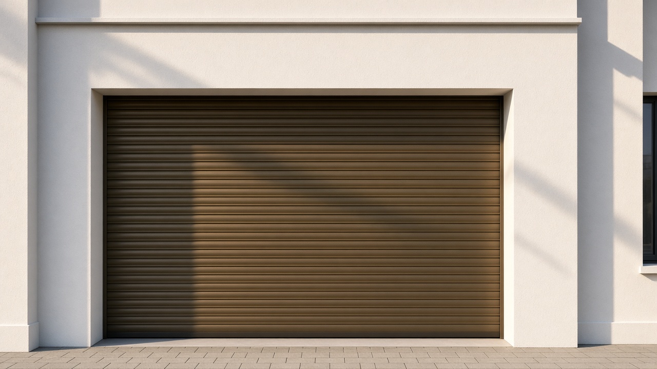 A bronze roller shutter nearly closed on a white rendered new-build, late afternoon light and long shadows. Framed on one opening.
