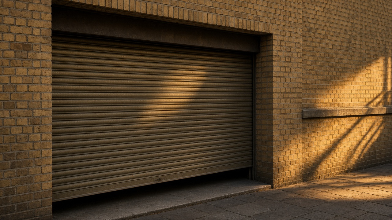 A bronze roller shutter nearly closed on a yellow London stock brick terrace, late afternoon light and long shadows. Framed on one opening.
