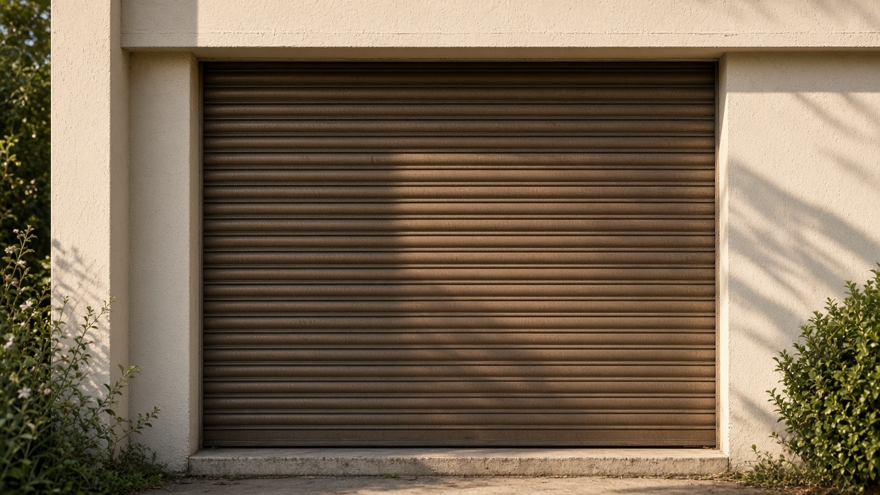 A bronze roller shutter nearly closed on a cream bungalow, late afternoon light and long shadows. Framed on one opening.