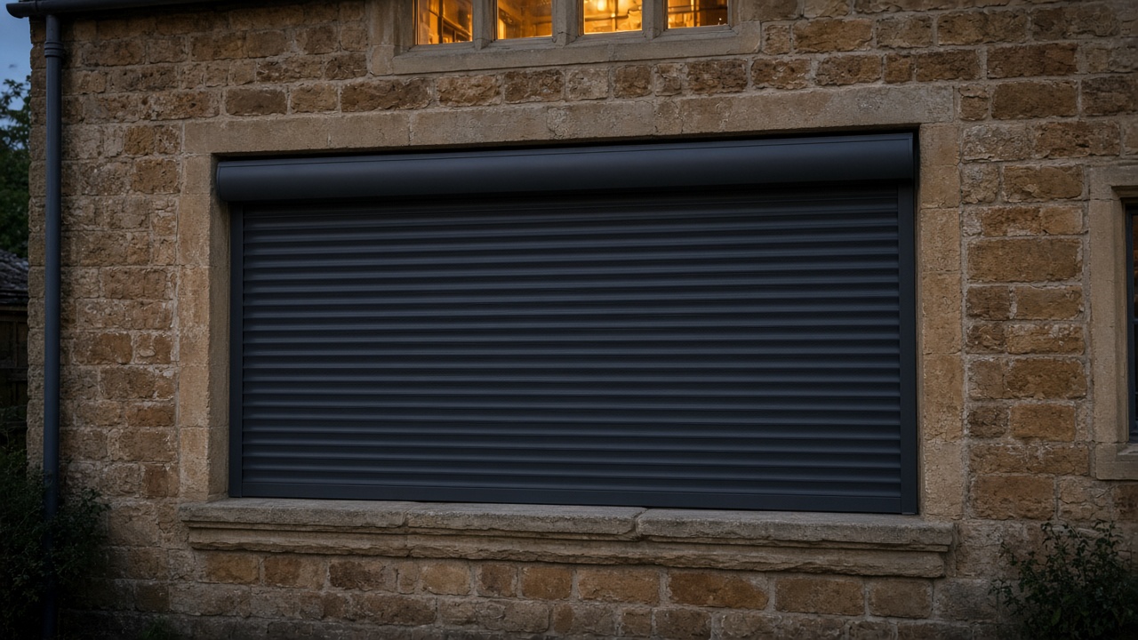 An anthracite roller shutter fully lowered on a sandstone cottage, dusk, with warm lights on inside. Framed on one opening.