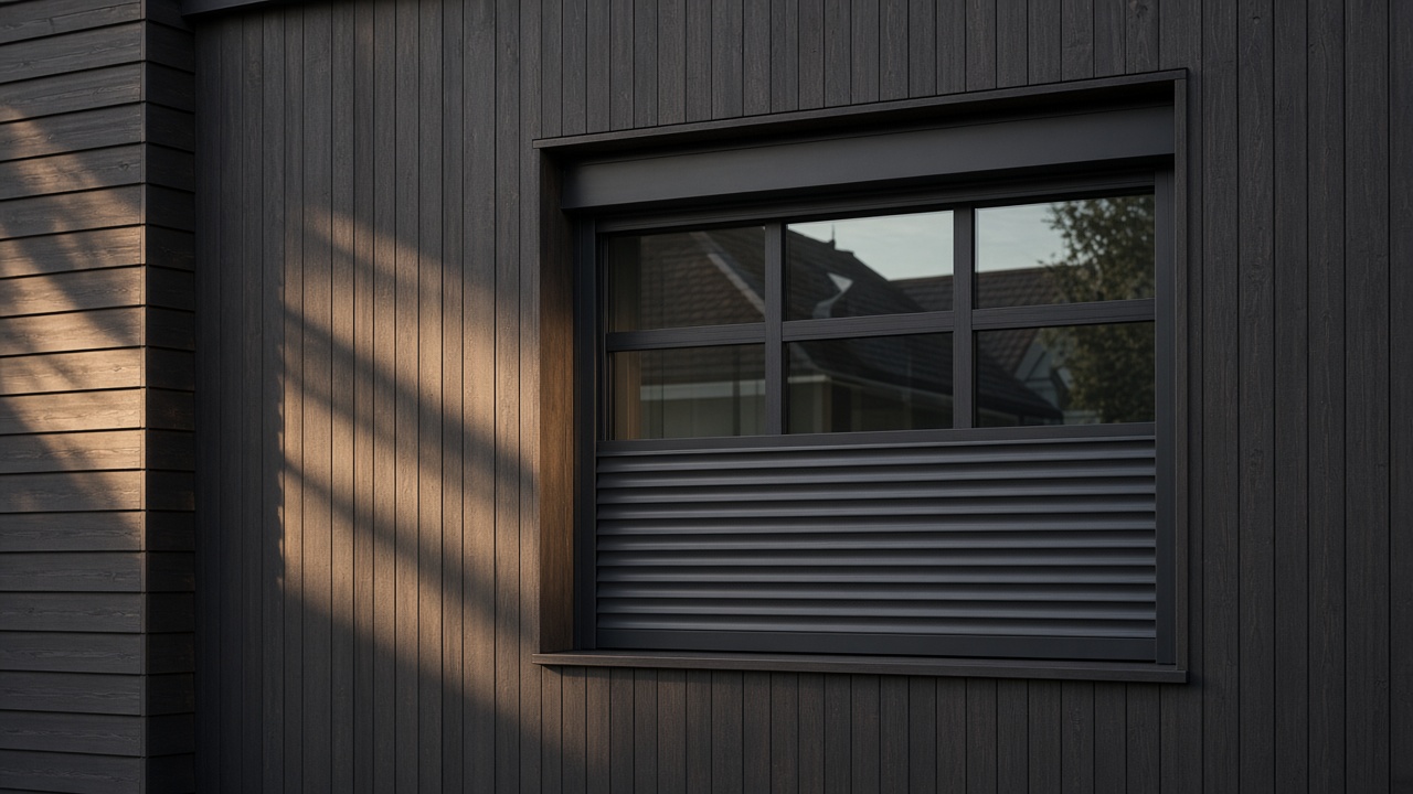 A dark grey roller shutter only a quarter down, with the box and side guides showing on a dark timber-clad house, late afternoon light and long shadows. Framed on one opening.