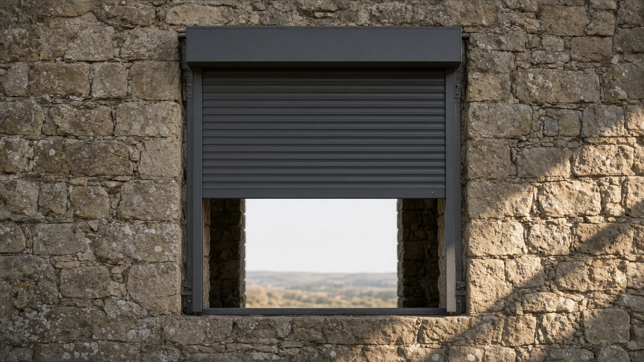 A dark grey roller shutter only a quarter down, with the box and side guides showing on a stone farmhouse, late afternoon light and long shadows. Framed on one opening.