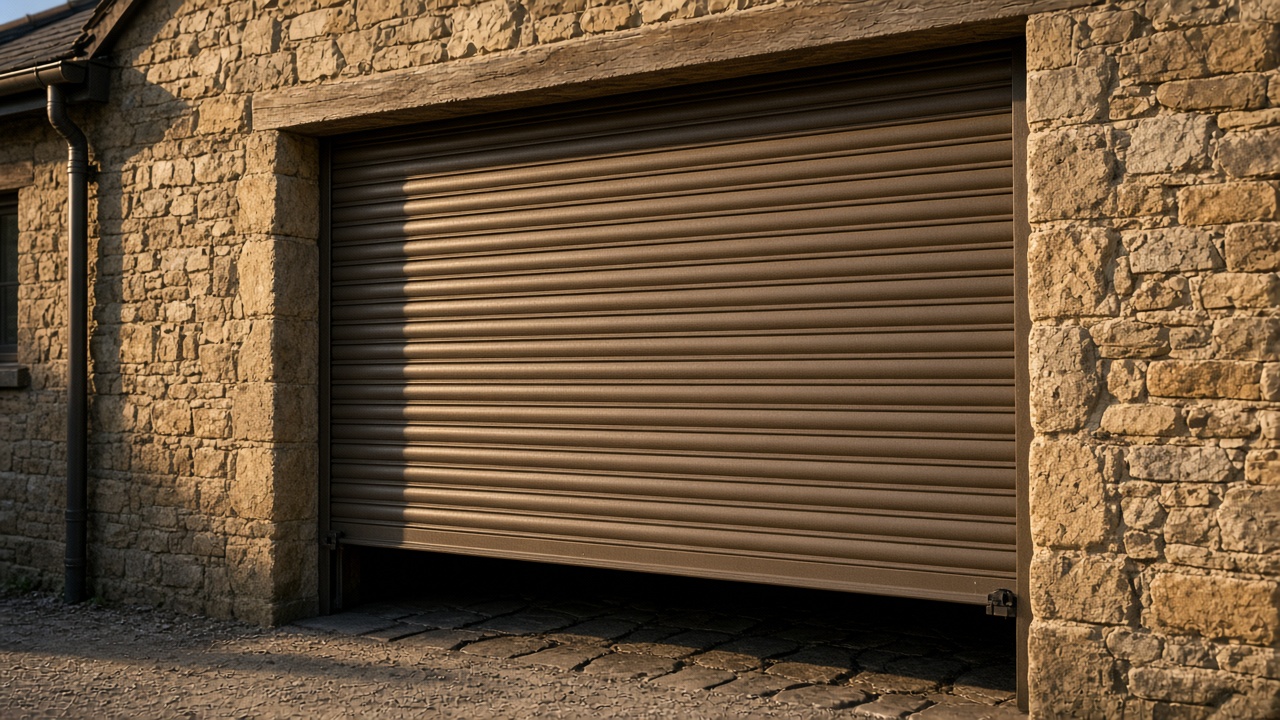 A bronze roller shutter nearly closed on a stone farmhouse, late afternoon light and long shadows. Framed on one opening.