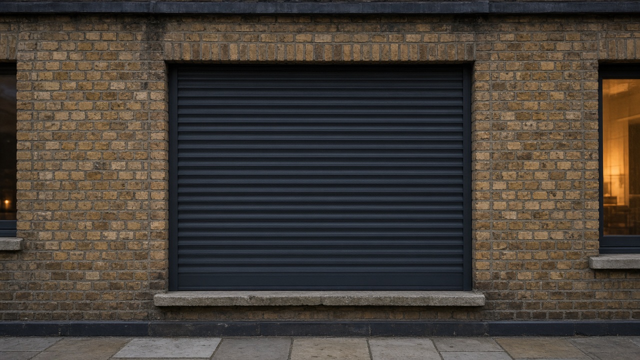 An anthracite roller shutter fully lowered on a yellow London stock brick terrace, dusk, with warm lights on inside. Framed on one opening.