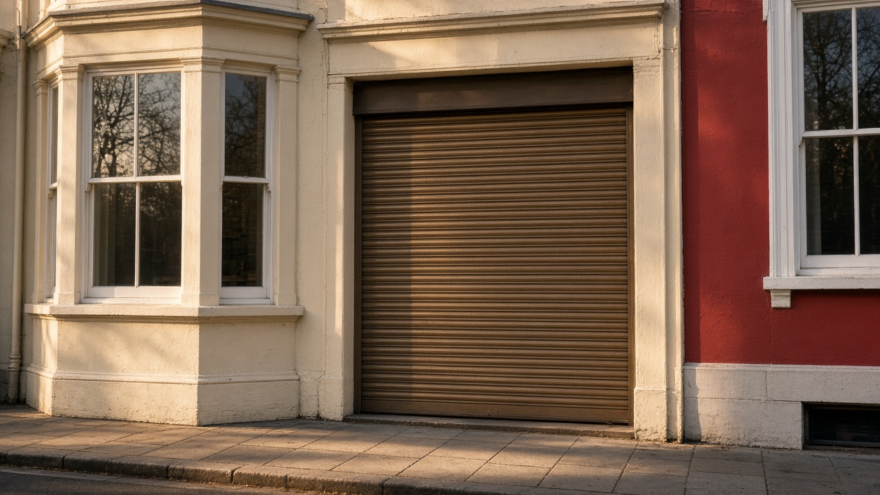 A bronze roller shutter nearly closed on a painted townhouse with a bay, late afternoon light and long shadows. Framed on one opening.