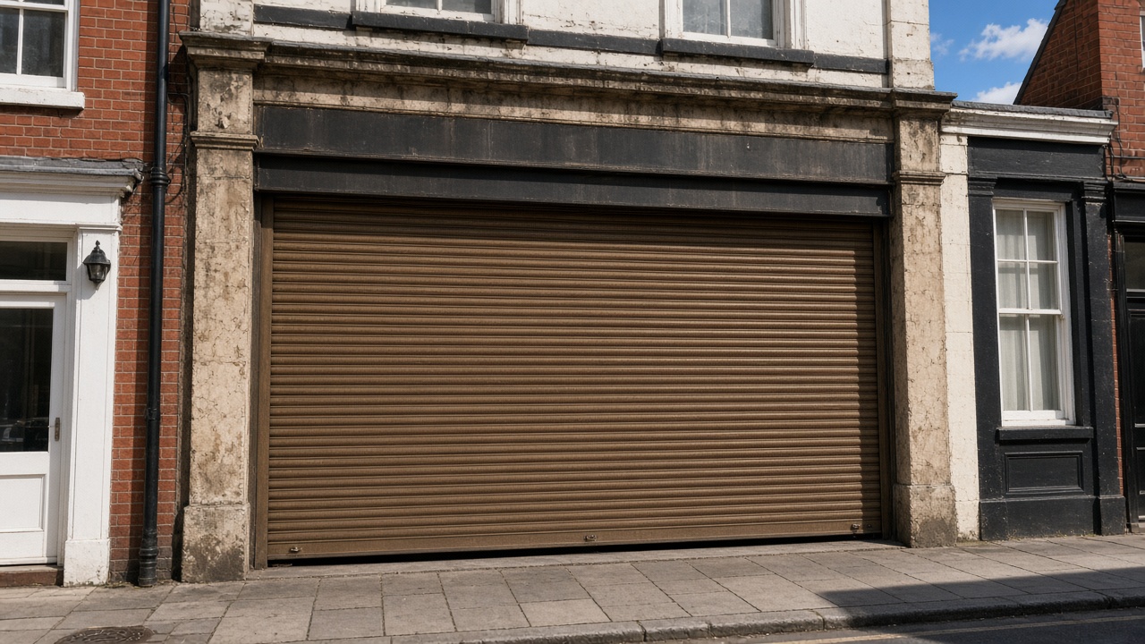 A bronze roller shutter nearly closed on a small high-street shopfront, hard summer sun and a clear sky. Wide view of the whole elevation.