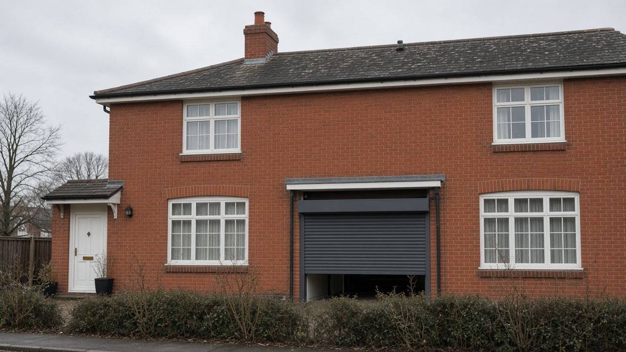 A dark grey roller shutter only a quarter down, with the box and side guides showing on a 1930s red-brick semi, a flat winter sky. Wide view of the whole elevation.