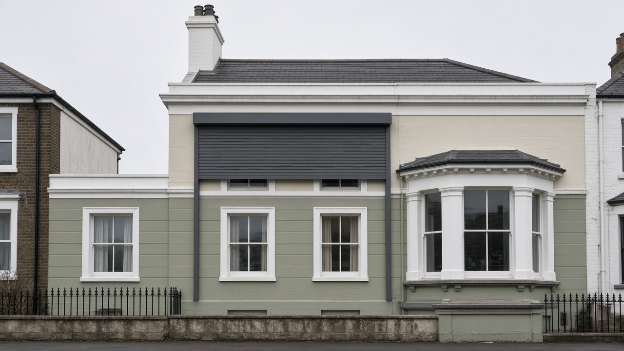 A dark grey roller shutter only a quarter down, with the box and side guides showing on a painted townhouse with a bay, a flat winter sky. Wide view of the whole elevation.