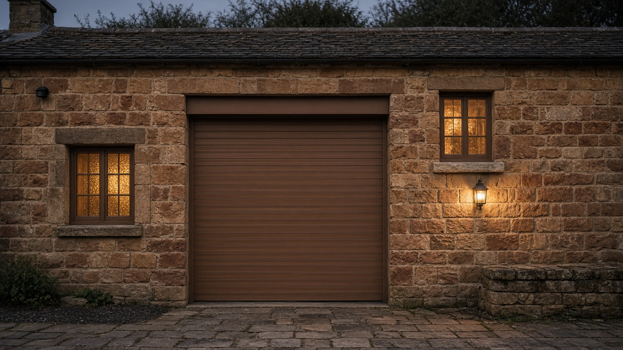 A bronze roller shutter nearly closed on a sandstone cottage, dusk, with warm lights on inside. Wide view of the whole elevation.