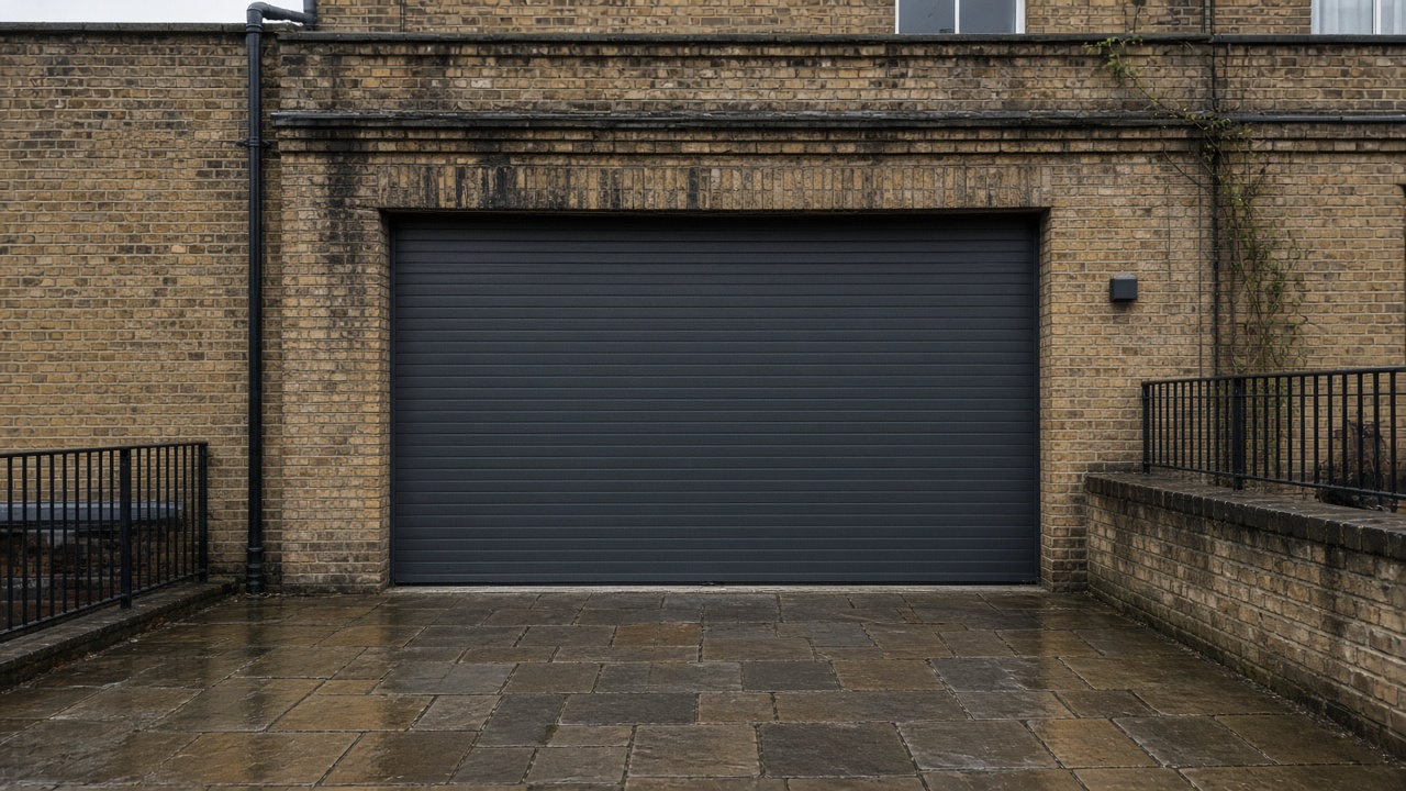 An anthracite roller shutter fully lowered on a yellow London stock brick terrace, just after rain, paving still wet. Wide view of the whole elevation.