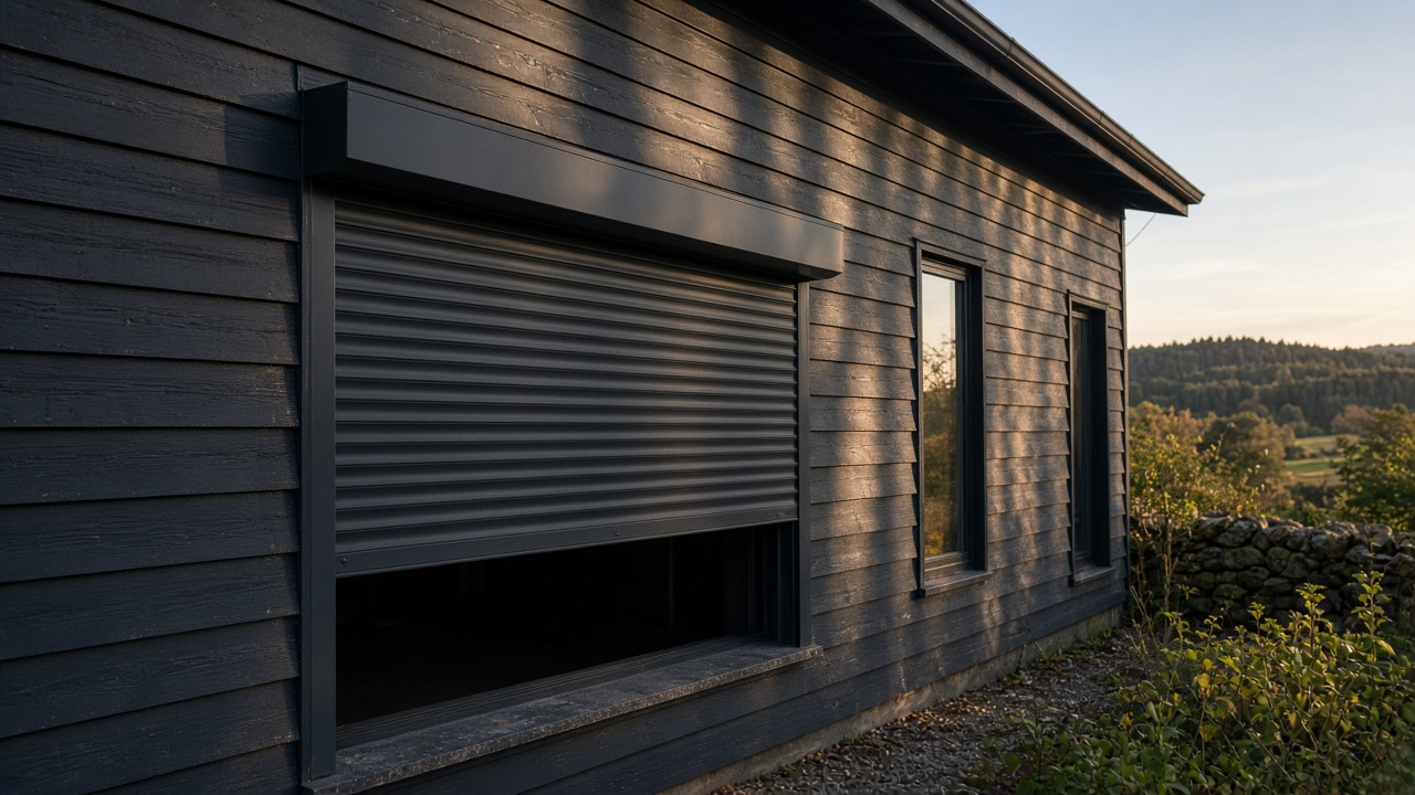 An anthracite roller shutter stopped halfway on a dark timber-clad house, late afternoon light and long shadows. Wide view of the whole elevation.