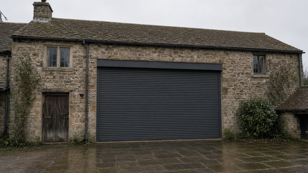 An anthracite roller shutter fully lowered on a stone farmhouse, just after rain, paving still wet. Wide view of the whole elevation.