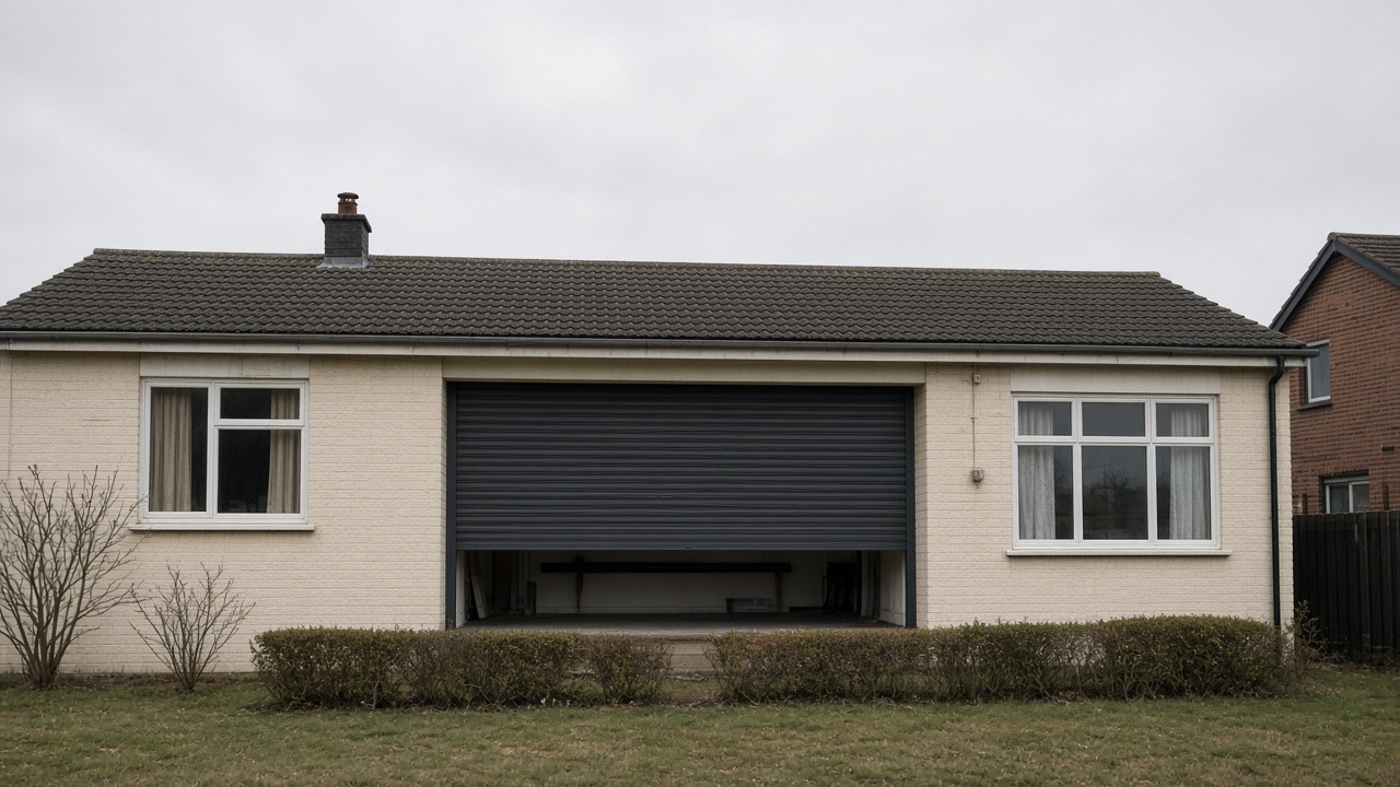 An anthracite roller shutter stopped halfway on a cream bungalow, a flat winter sky. Wide view of the whole elevation.