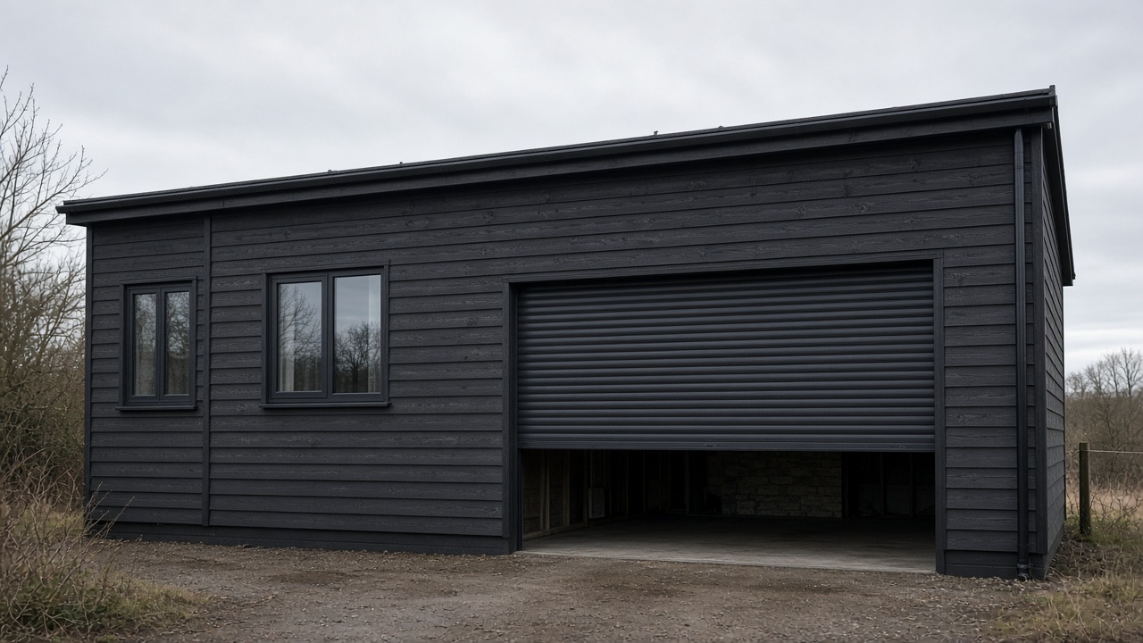 An anthracite roller shutter stopped halfway on a dark timber-clad house, a flat winter sky. Wide view of the whole elevation.