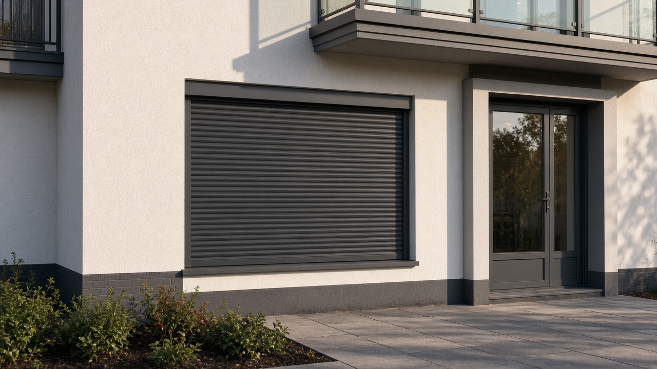 A fully closed anthracite security roller shutter over a ground-floor window on a flat with a glazed balcony door, late afternoon light and long shadows. Wide view of the whole elevation.