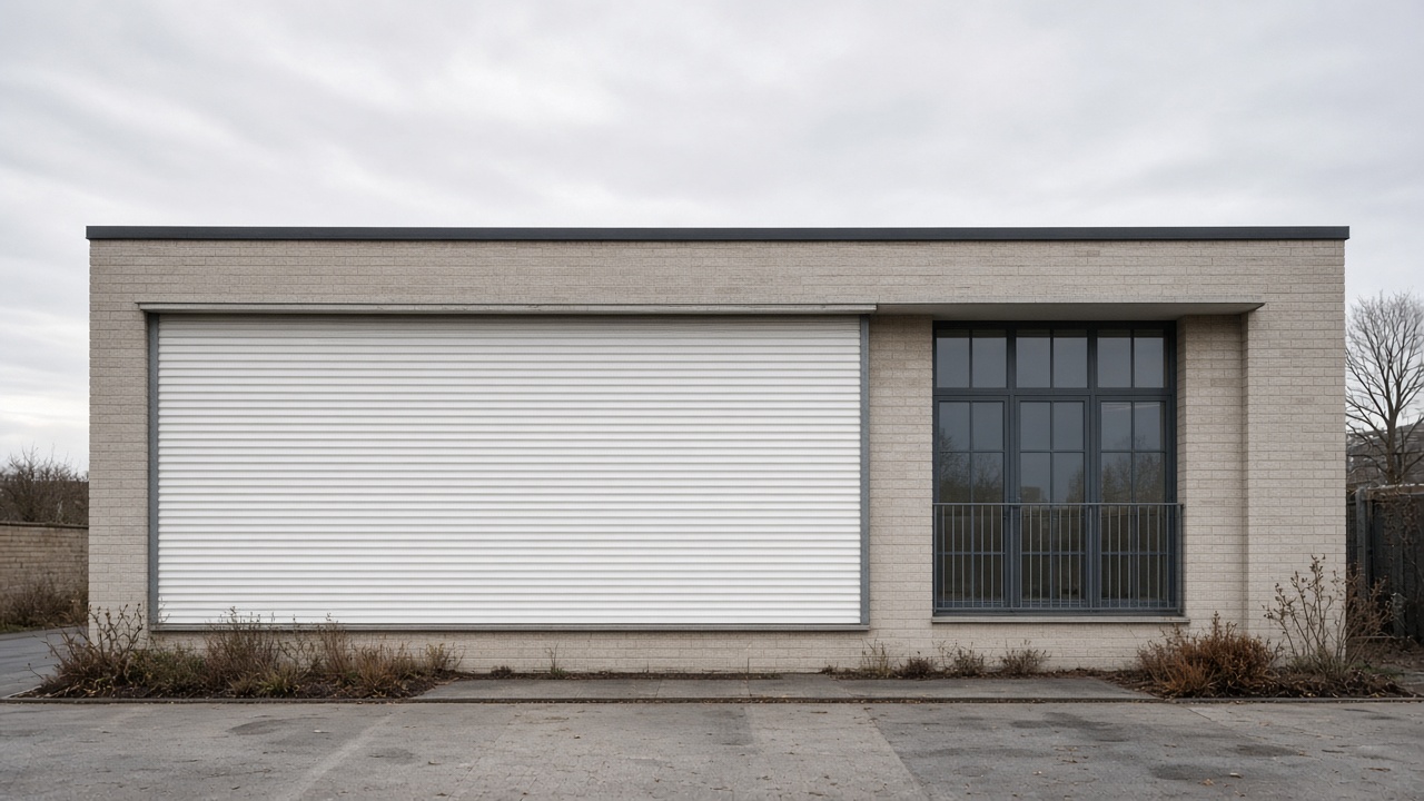 A white roller shutter fully lowered on a flat with a glazed balcony door, a flat winter sky. Wide view of the whole elevation.