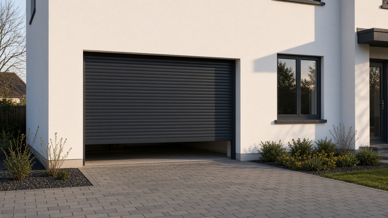 An anthracite roller shutter stopped halfway on a white rendered new-build, late afternoon light and long shadows. Wide view of the whole elevation.