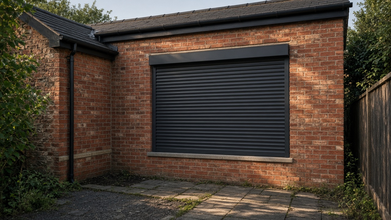 A fully closed anthracite security roller shutter over a ground-floor window on a red-brick rear extension, late afternoon light and long shadows. Wide view of the whole elevation.