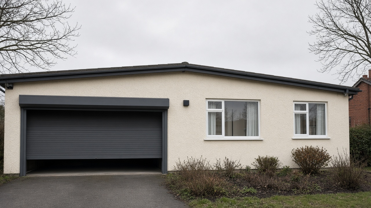 A dark grey roller shutter only a quarter down, with the box and side guides showing on a cream bungalow, a flat winter sky. Wide view of the whole elevation.