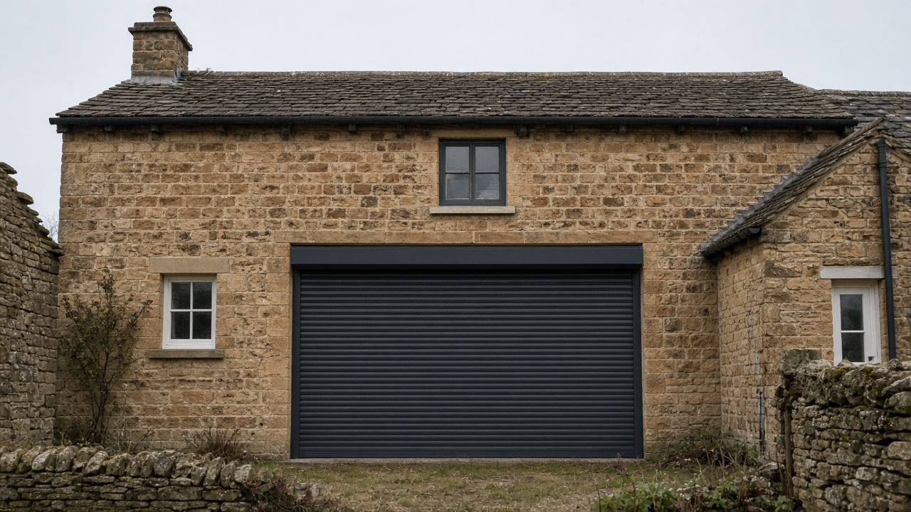 An anthracite roller shutter fully lowered on a sandstone cottage, a flat winter sky. Wide view of the whole elevation.