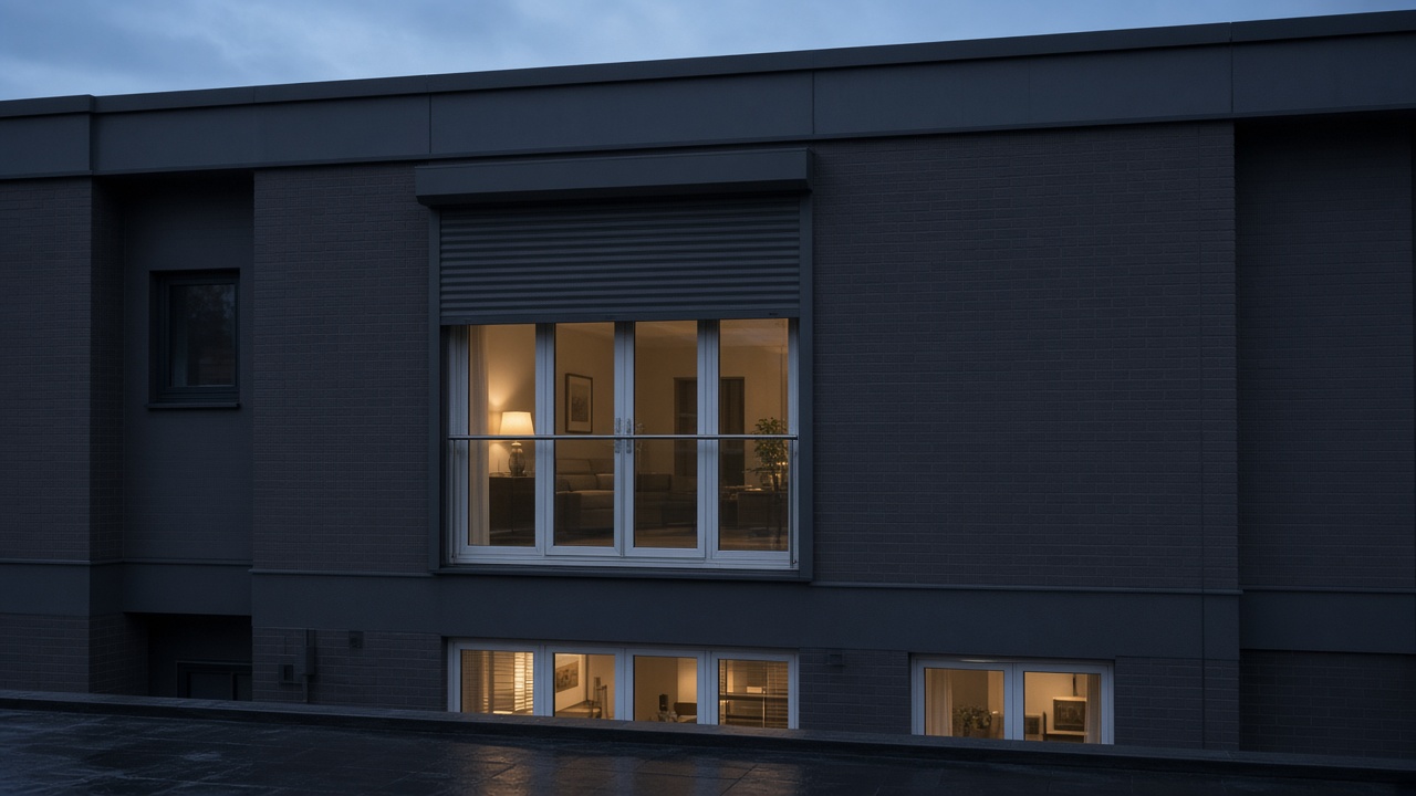 A dark grey roller shutter only a quarter down, with the box and side guides showing on a flat with a glazed balcony door, dusk, with warm lights on inside. Wide view of the whole elevation.