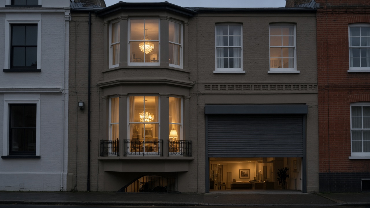 A dark grey roller shutter only a quarter down, with the box and side guides showing on a painted townhouse with a bay, dusk, with warm lights on inside. Wide view of the whole elevation.