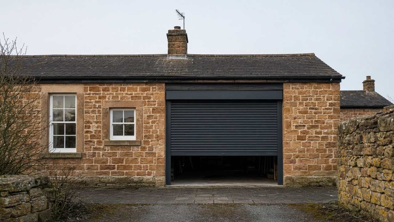 An anthracite roller shutter stopped halfway on a sandstone cottage, a flat winter sky. Wide view of the whole elevation.