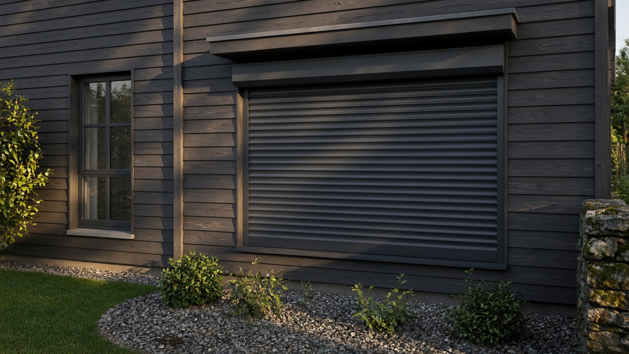 A fully closed anthracite security roller shutter over a ground-floor window on a dark timber-clad house, late afternoon light and long shadows. Wide view of the whole elevation.