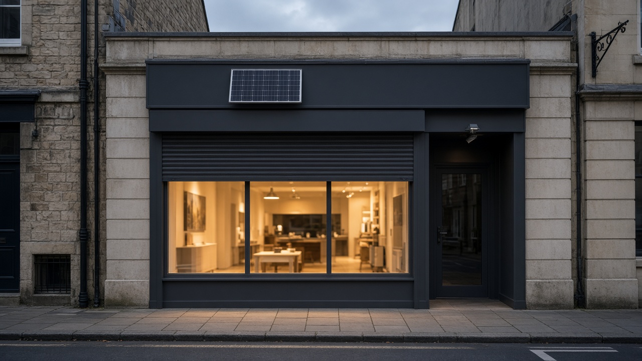 A small solar panel on the front of an anthracite roller shutter box, an anthracite roller shutter stopped halfway, on a small high-street shopfront, dusk, with warm lights on inside. Wide view of the whole elevation.