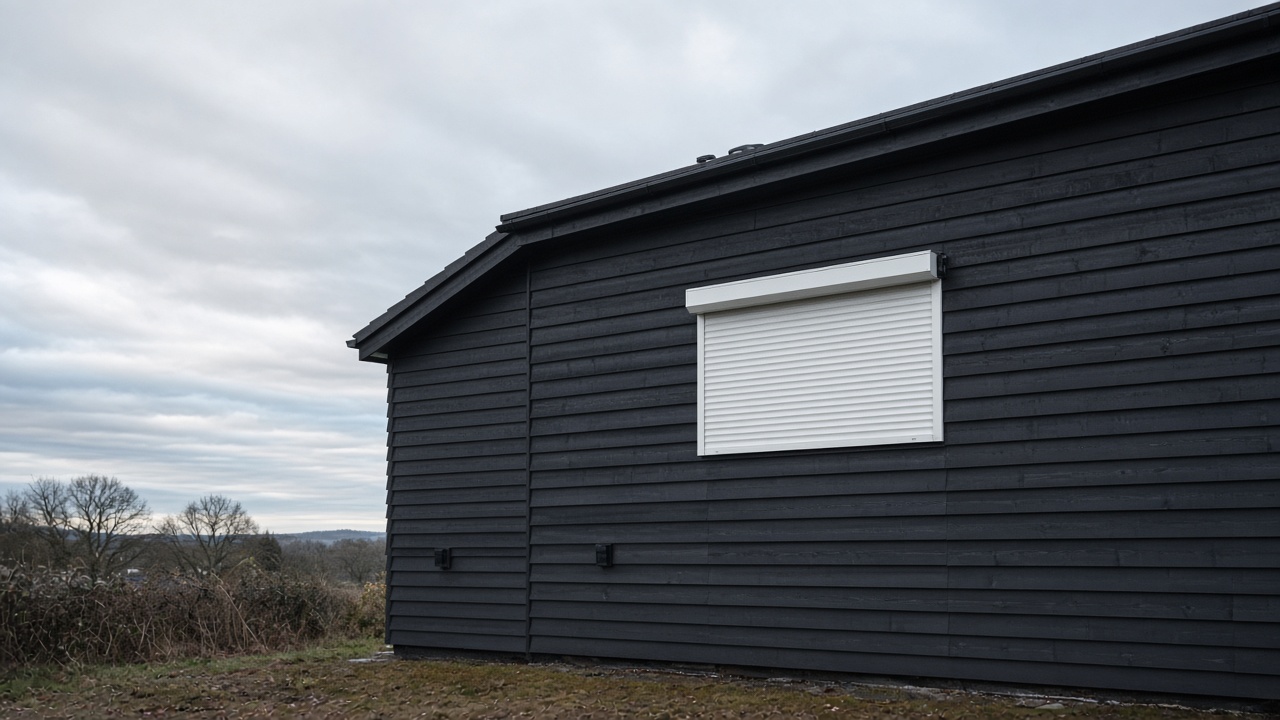 The motor end of a roller shutter box, a white roller shutter fully lowered, on a dark timber-clad house, a flat winter sky. Wide view of the whole elevation.