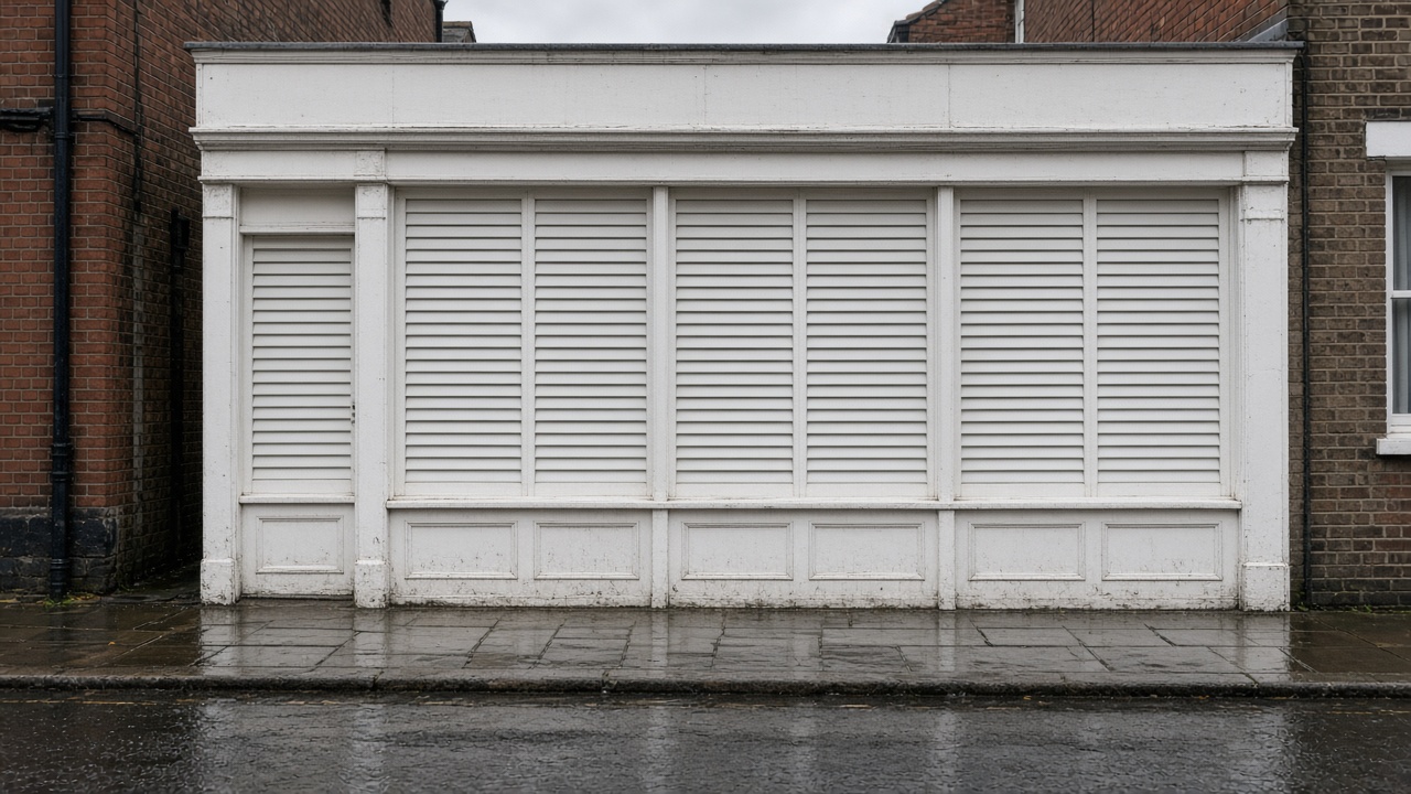 White wooden plantation shutters, louvres closed, inside a small high-street shopfront, just after rain, paving still wet. Wide view of the whole elevation.