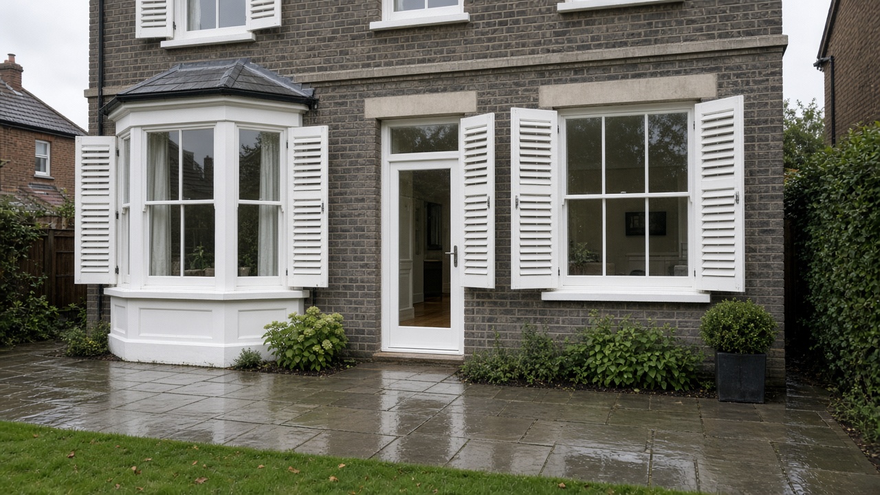 White wooden plantation shutters, louvres open, inside a grey-brick semi, just after rain, paving still wet. Wide view of the whole elevation.