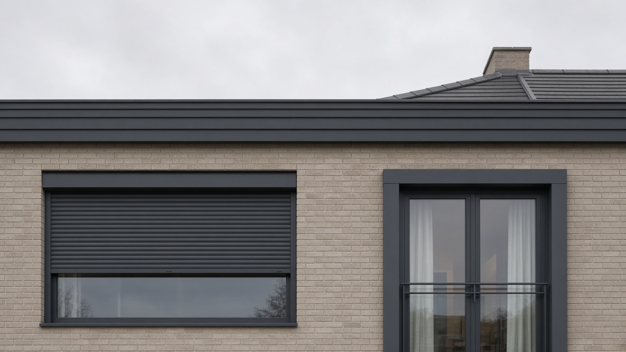 The motor end of a roller shutter box, an anthracite roller shutter stopped halfway, on a flat with a glazed balcony door, a flat winter sky. Wide view of the whole elevation.