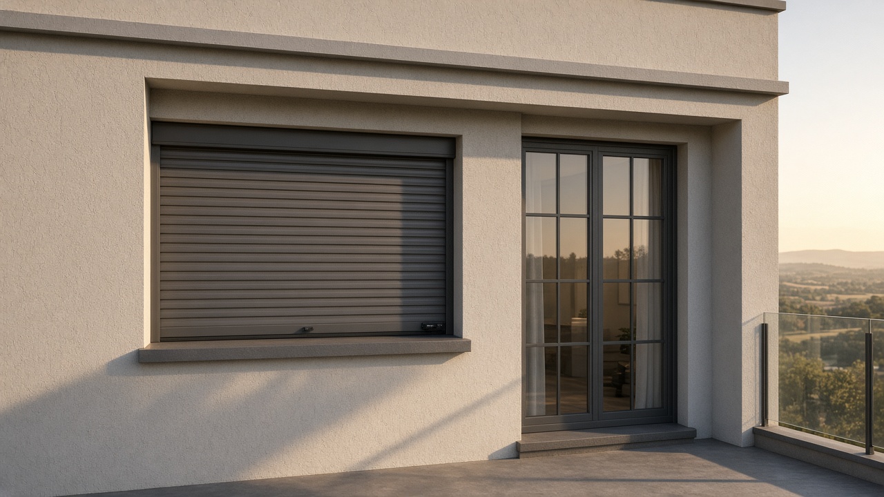 The motor end of a roller shutter box, a bronze roller shutter nearly closed, on a flat with a glazed balcony door, late afternoon light and long shadows. Wide view of the whole elevation.