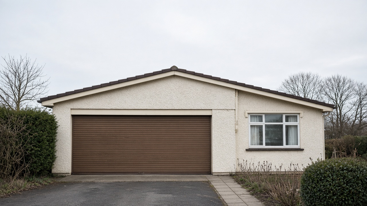 A bronze roller shutter nearly closed on a cream bungalow, a flat winter sky. Wide view of the whole elevation.