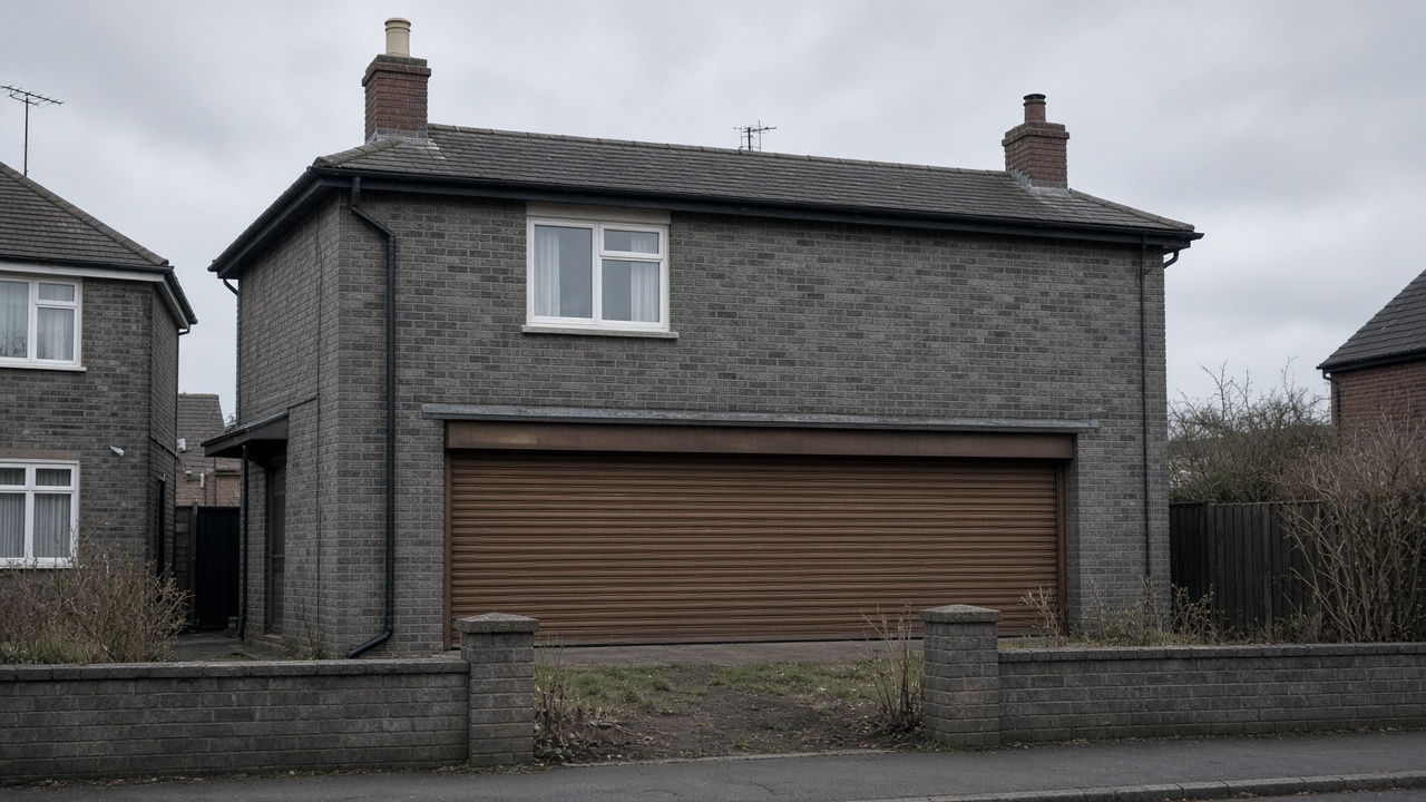 A bronze roller shutter nearly closed on a grey-brick semi, a flat winter sky. Wide view of the whole elevation.