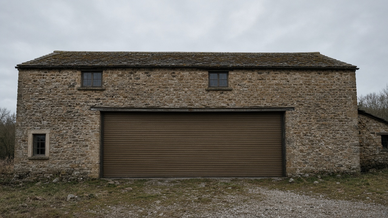 A bronze roller shutter nearly closed on a stone farmhouse, a flat winter sky. Wide view of the whole elevation.