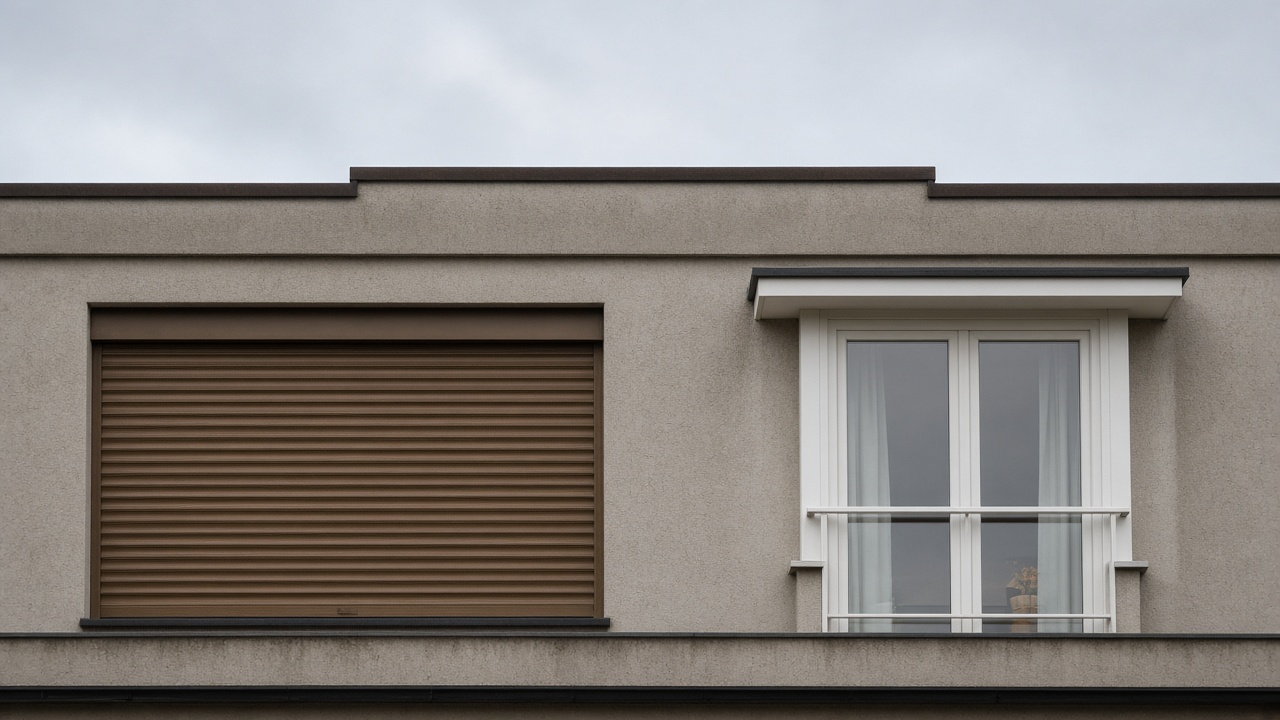 A bronze roller shutter nearly closed on a flat with a glazed balcony door, a flat winter sky. Wide view of the whole elevation.